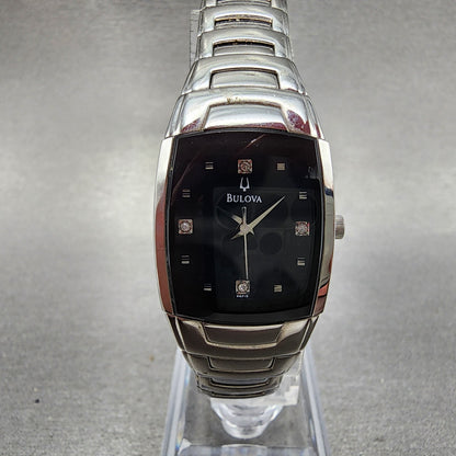 Bulova Tank Watch Women 22mm Black Dial Silver Tone Diamond 96P15 New Battery0