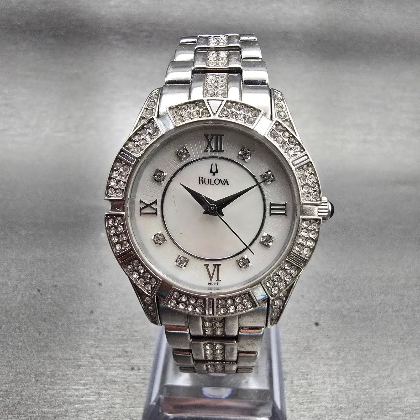Bulova Watch Women 30mm MOP Dial Silver Tone Gemmed Round 96L116 New Battery F0