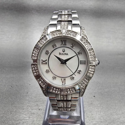 Bulova Watch Women 30mm MOP Dial Silver Tone Gemmed Round 96L116 New Battery F0
