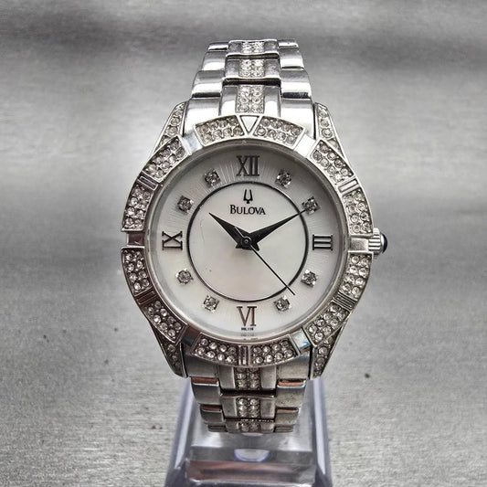 Bulova Watch Women 30mm MOP Dial Silver Tone Gemmed Round 96L116 New Battery F0