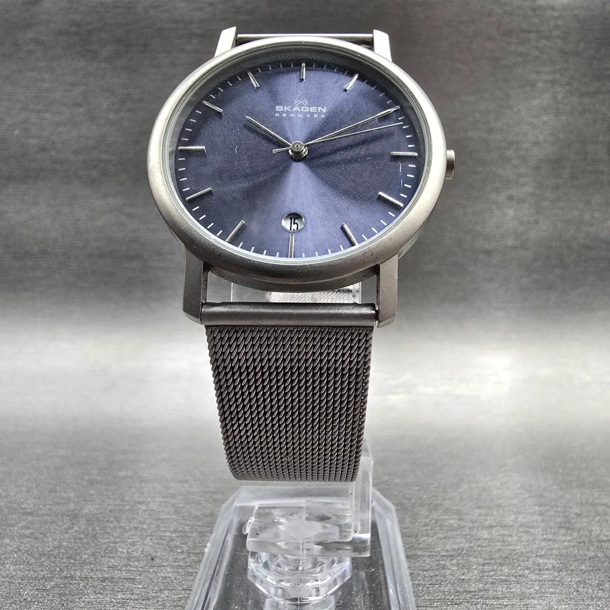 Skagen Watch Men 34mm Blue Dial Silver Tone Date Round 103LTTN New Battery5