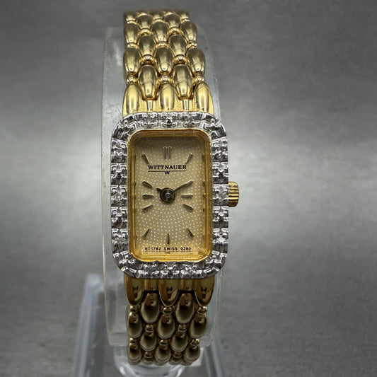 Wittnauer Tank Watch Women 13mm Gold Dial Gold Tone Crystal Bezel New Battery0