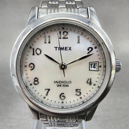 Timex Indiglo Watch Women 25mm MOP Dial Silver Tone Date Round New battery1