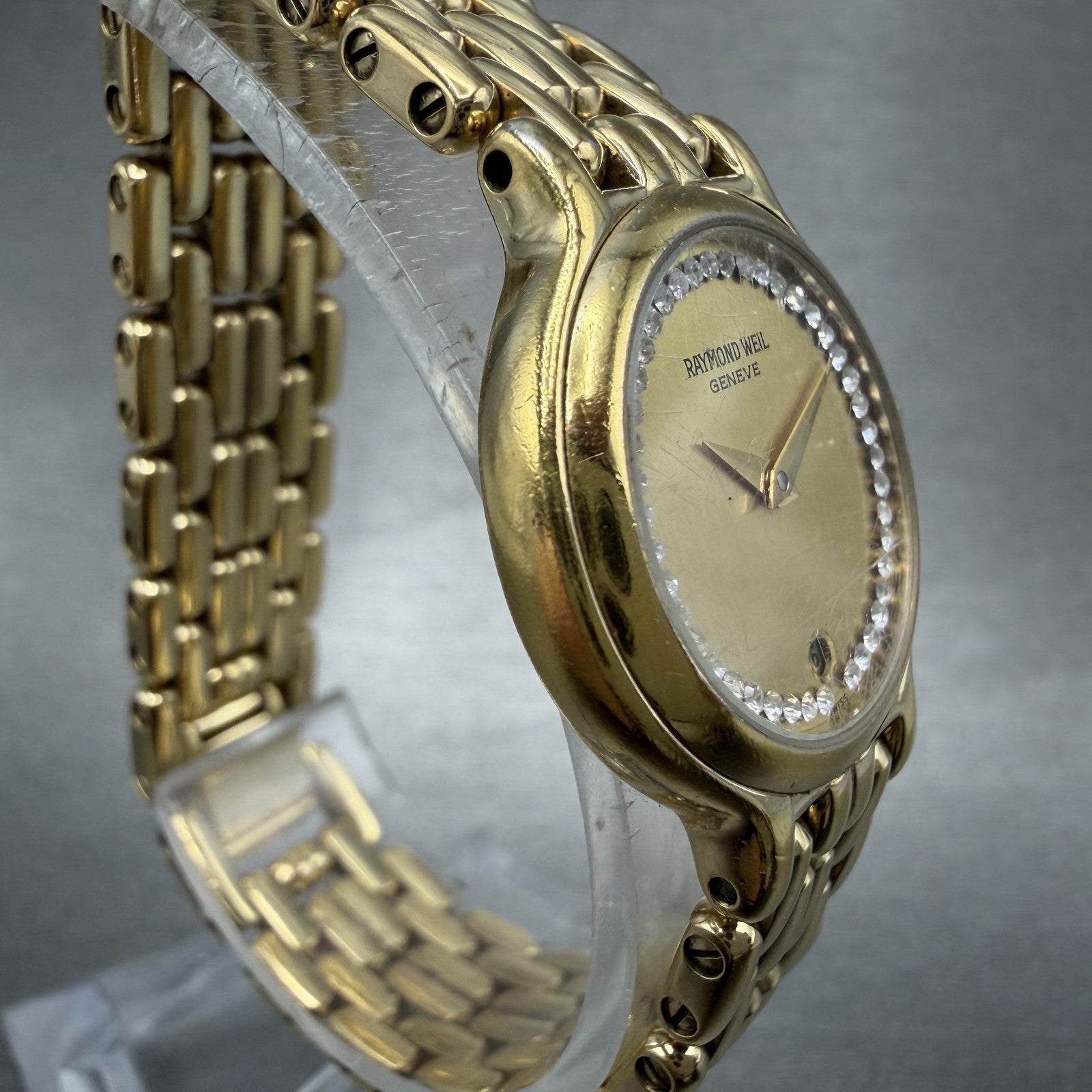 Raymond Weil Watch Women 24mm Champagne Dial Gold Plated Date Round 9946 New Bat3