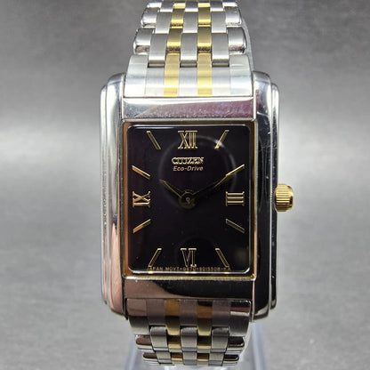 Citizen Eco-Drive Stiletto Tank Watch Women 19mm Black Dial Two Tone Works JP 560