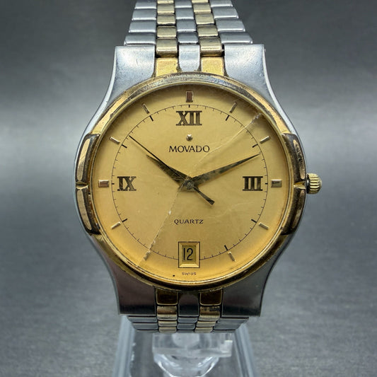 Movado Watch Men 34mm Gold Dial Two Tone Date Round 88-52-867 CRACKED New Batt0