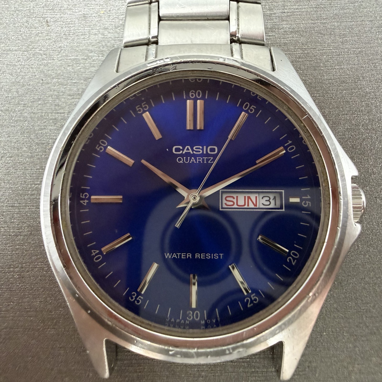 Casio Watch Men 37mm Blue Dial Silver Tone Daydate MTP1239DJ New Battery1