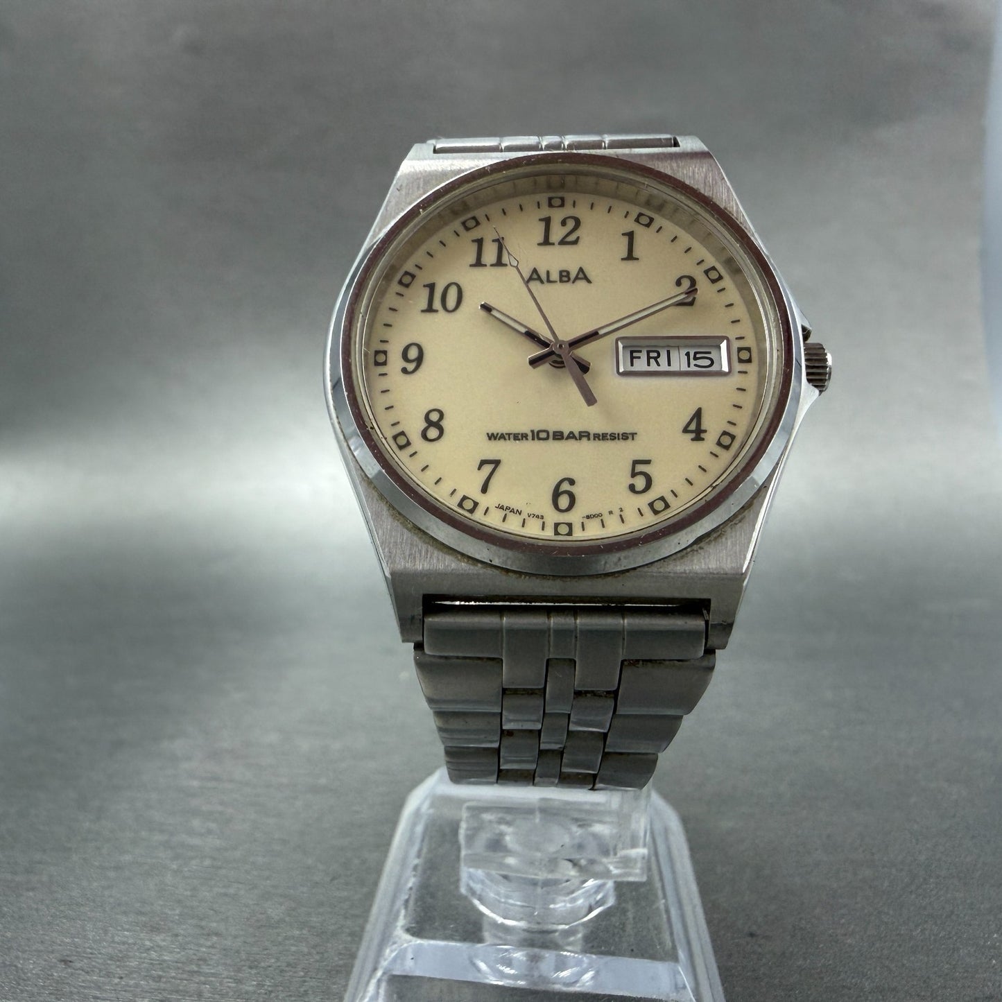 Seiko Alba Watch Men 35mm Luminous Dial Silver Tone Daydate V743-8B10 NewBattery5