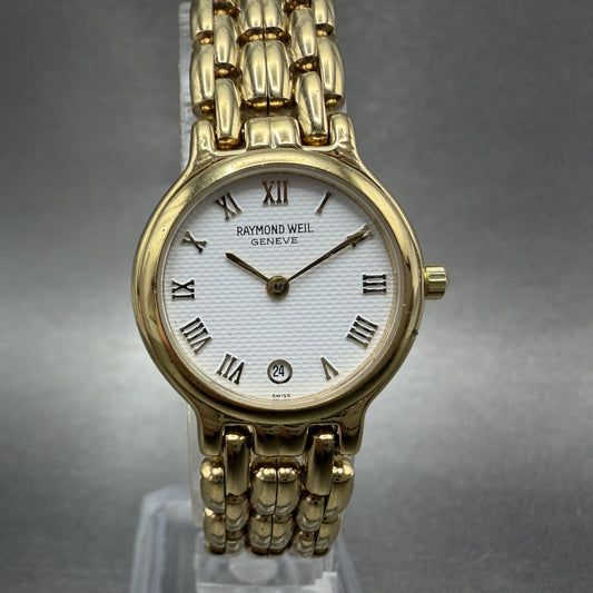 Raymond Weil Watch Women 24mm White Dial Gold Plated Date Round 9946 New Battery0