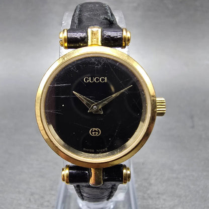 Gucci 2000L Watch Women 22mm Black Dial Gold Plated Round New Battery VTG SW0