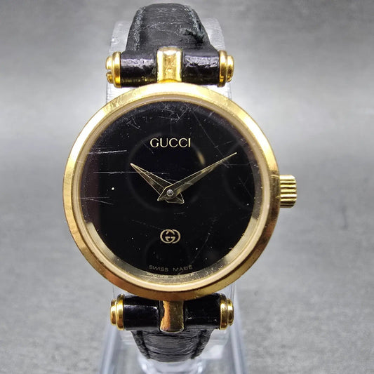 Gucci 2000L Watch Women 22mm Black Dial Gold Plated Round New Battery VTG SW0
