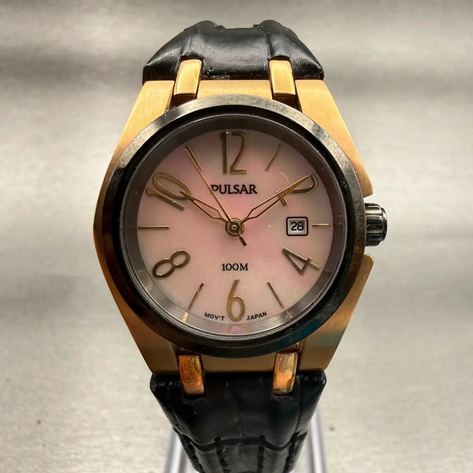 Seiko Pulsar Watch Women 29mm MOP Dial Two Tone Date Round VX32-X392 New Battery0