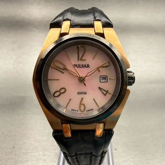 Seiko Pulsar Watch Women 29mm MOP Dial Two Tone Date Round VX32-X392 New Battery0
