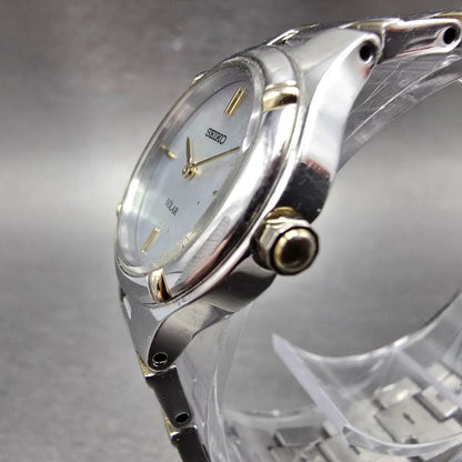 Seiko Solar Watch Women 24mm MOP Dial Two Tone Round V115-0AB0 Runs Bracelet2