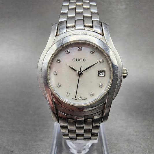 Gucci 5500L Watch Women 27mm MOP Dial Stainless Steel Date Round New Battery0