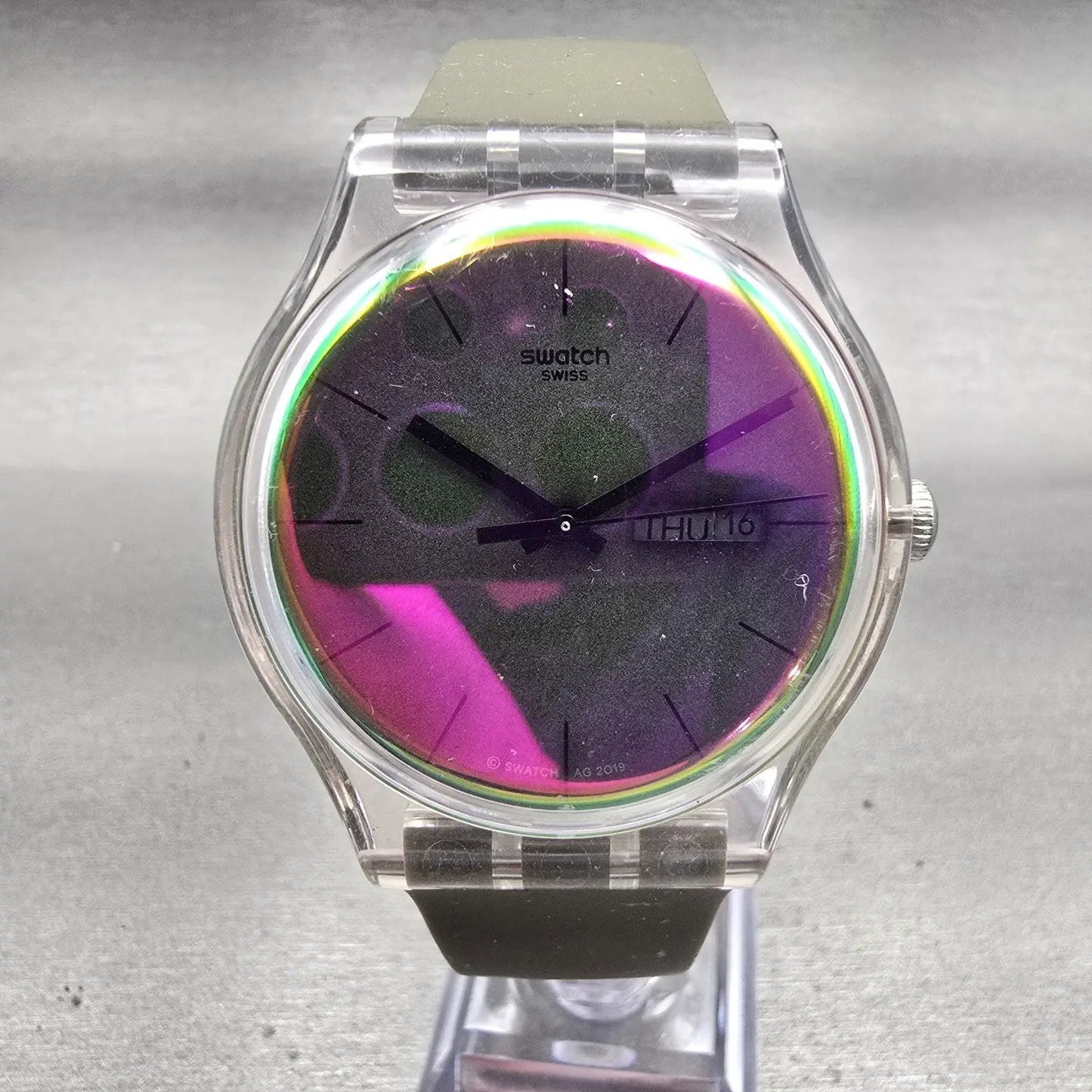 Swatch POLARMY Watch Men Purple Dial Clear Case Daydate Round SUOK714 New Batt0