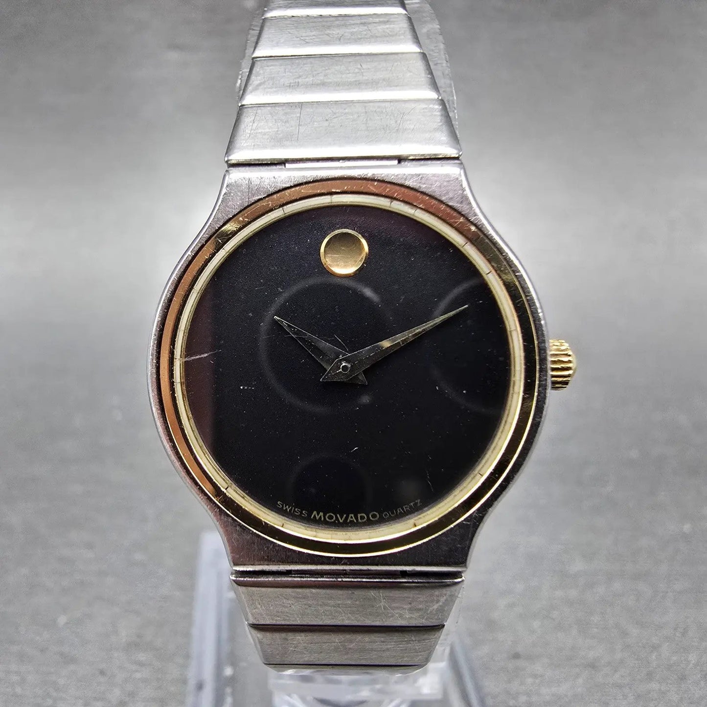 Movado Watch Women 23mm Black Dial Two Tone Round 85-40-881 New Battery Vintage0