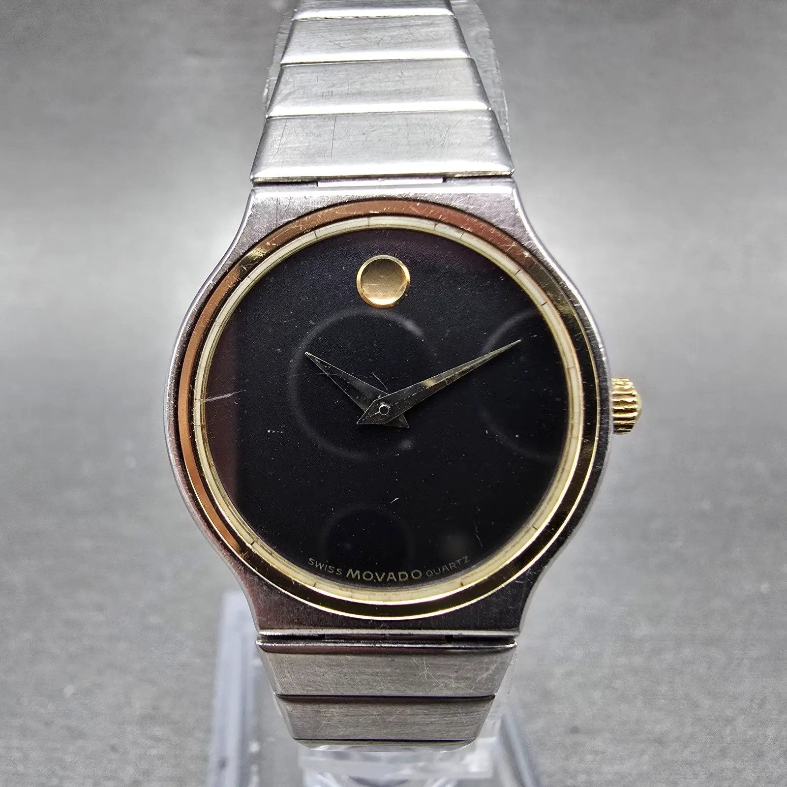 Movado Watch Women 23mm Black Dial Two Tone Round 85-40-881 New Battery Vintage0