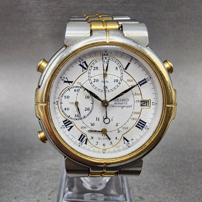 Seiko Chronograph Watch Men 36mm White Dial Two Tone Date Alarm 7T327A09 PARTS0