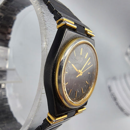 Vintage Seiko Watch Women Black Gold Tone Round 20mm 7321-0249 New Battery