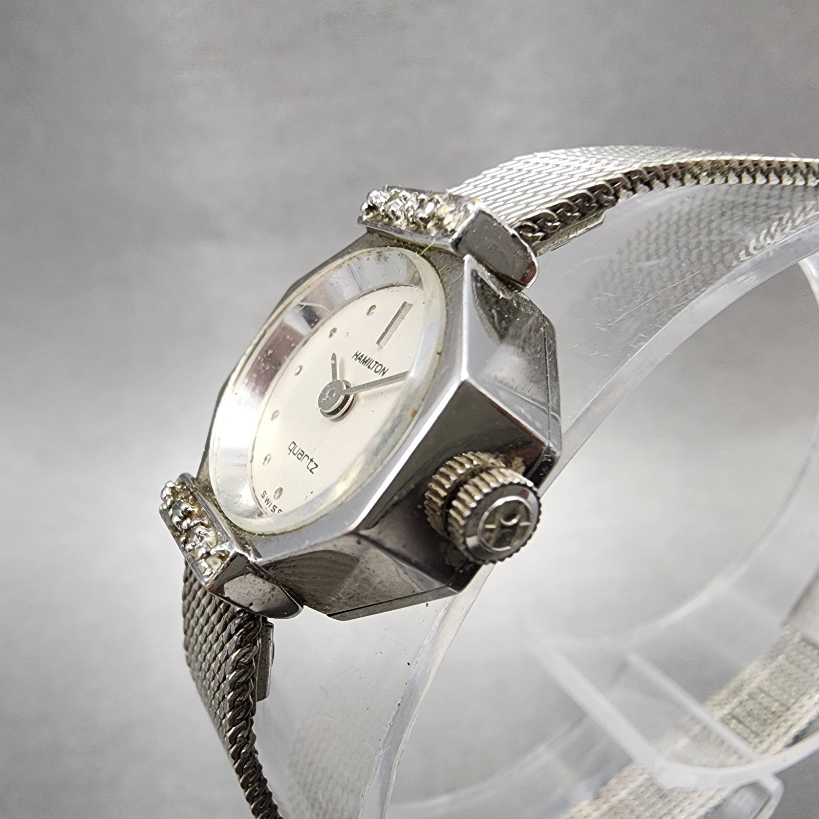 Hamilton Watch women 17mm White Dial 10K White Gold Plated Diamonds New Battery2