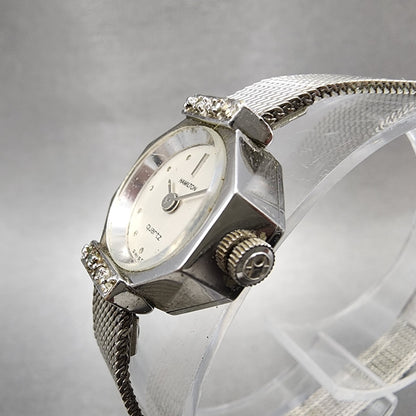 Hamilton Watch women 17mm White Dial 10K White Gold Plated Diamonds New Battery2