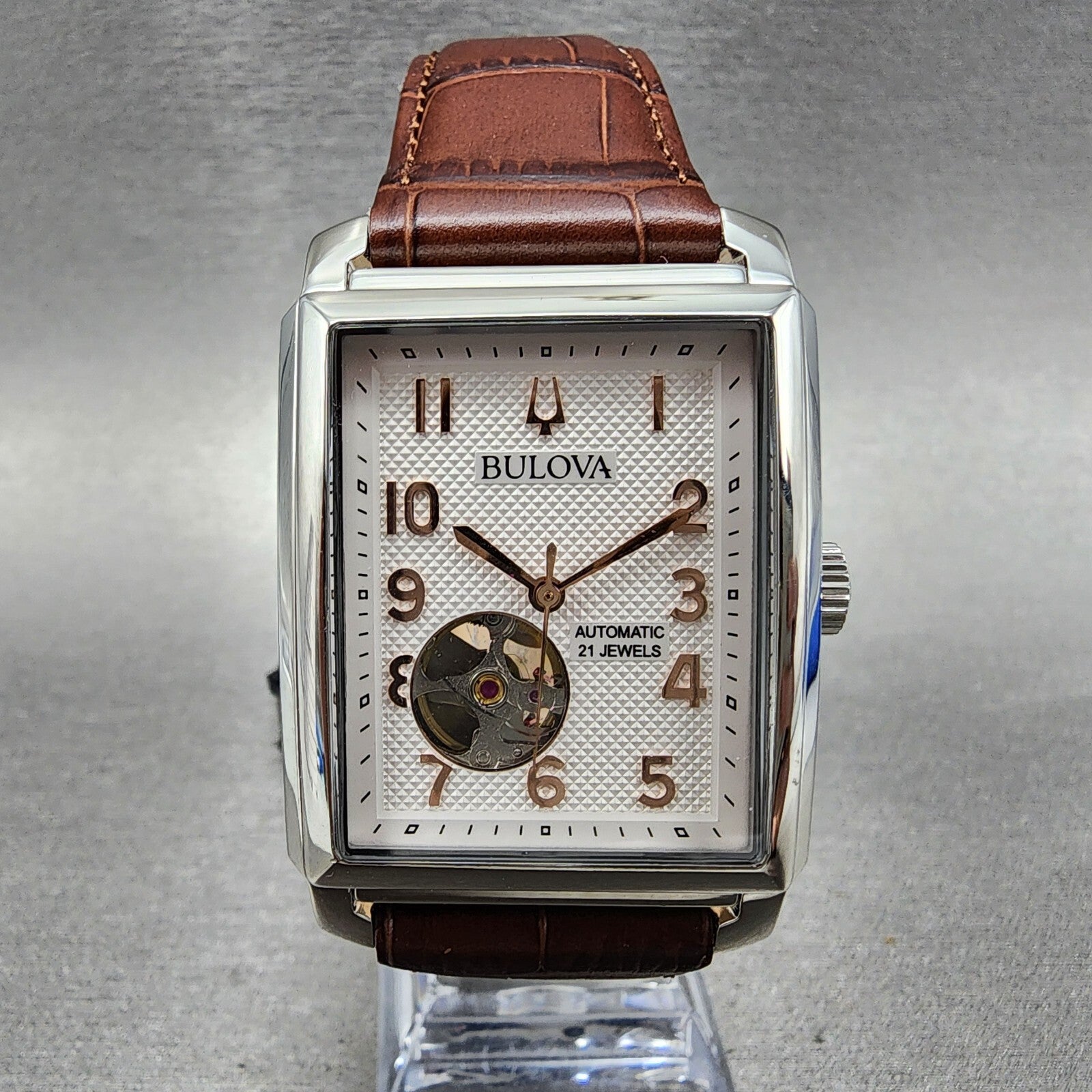 Bulova Sutton Tank Watch Men 33mm White Dial Steel Rectangle Automatic 96A2680