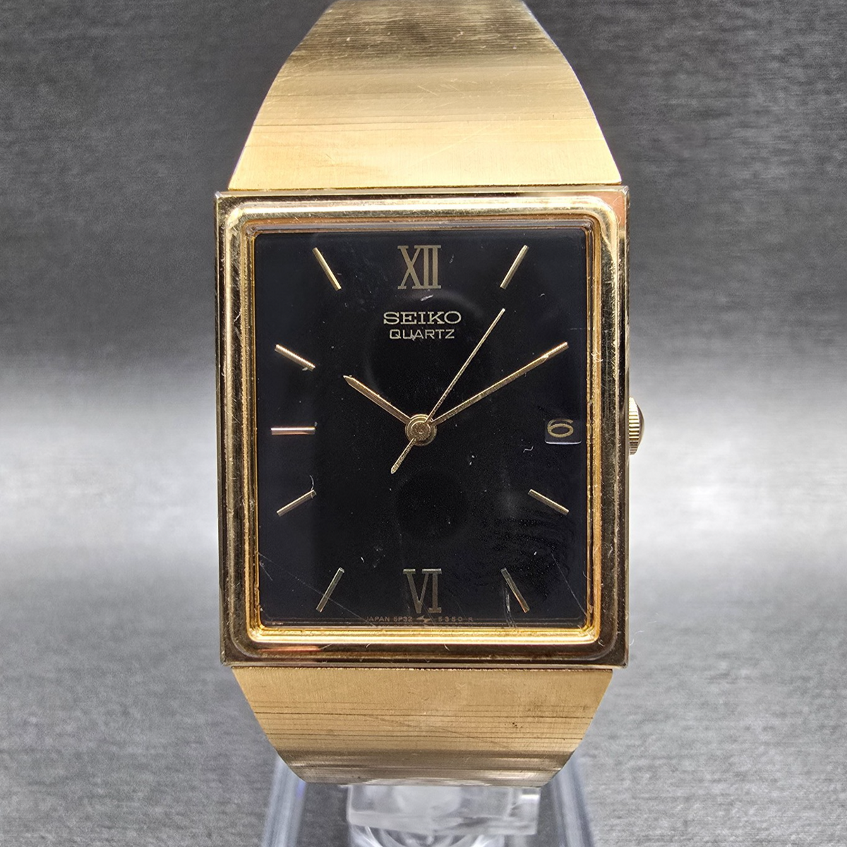 Seiko Tank Watch Men 24mm Black Dial Gold Tone Rectangle 5P32-5239 New Battery0