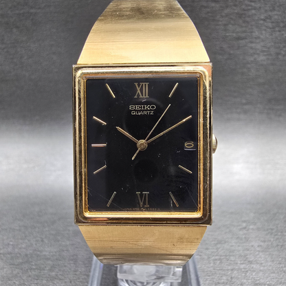 Seiko Tank Watch Men 24mm Black Dial Gold Tone Rectangle 5P32-5239 New Battery0