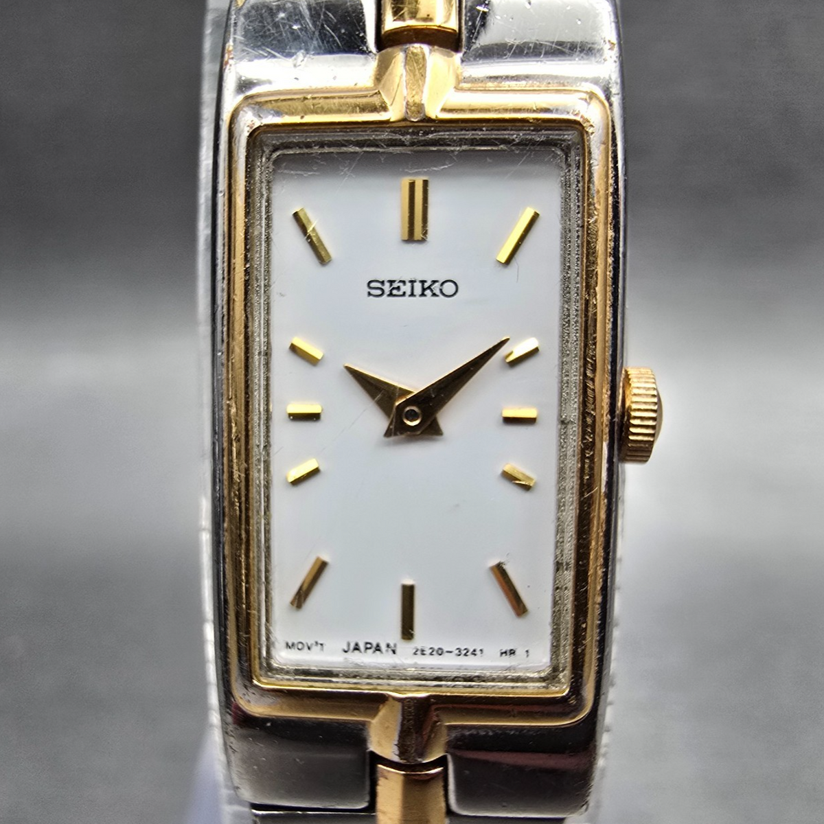 Seiko Watch Women 13mm White Dial Two Tone Rectangle 2E20-7479 New Battery JP2171