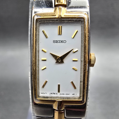 Seiko Watch Women 13mm White Dial Two Tone Rectangle 2E20-7479 New Battery JP2171