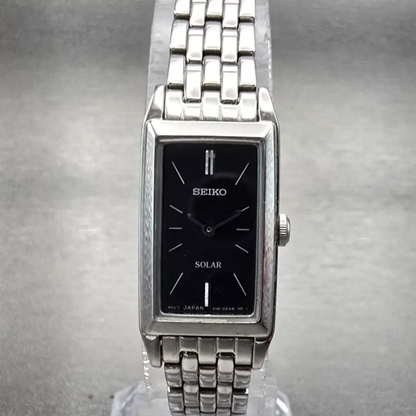 Seiko Solar Tank Watch Women 15mm Black Dial Silver Rectangle V116-0AA0 Works0