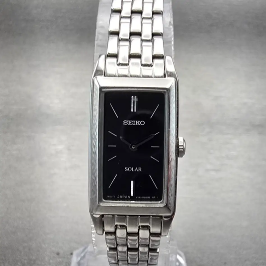 Seiko Solar Tank Watch Women 15mm Black Dial Silver Rectangle V116-0AA0 Works0