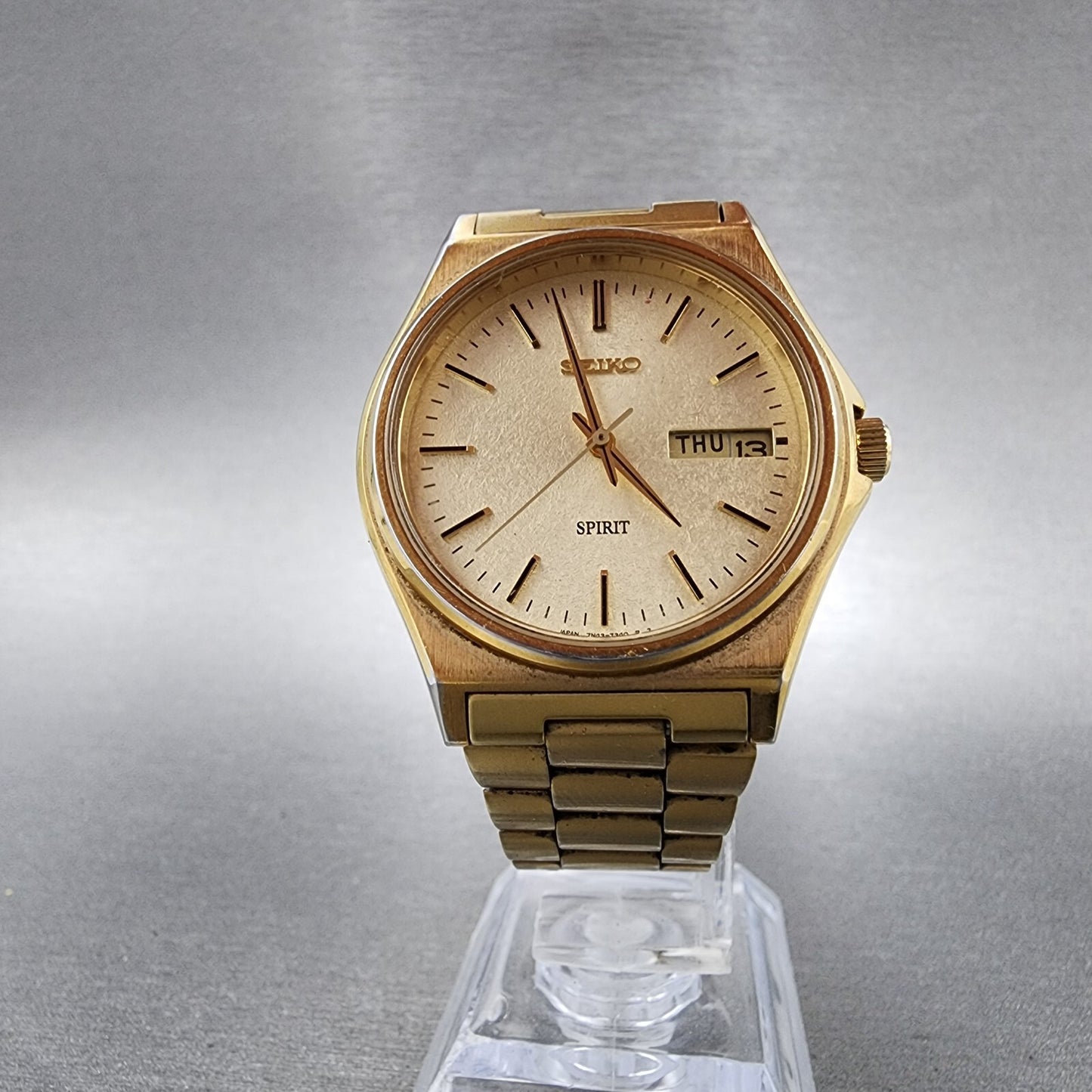 Seiko Spirit Watch Men 35mm Champagne Dial Gold Tone Daydate 7n437180 PARTS6
