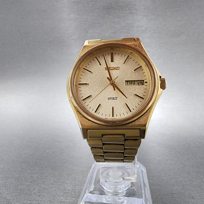 Seiko Spirit Watch Men 35mm Champagne Dial Gold Tone Daydate 7n437180 PARTS6