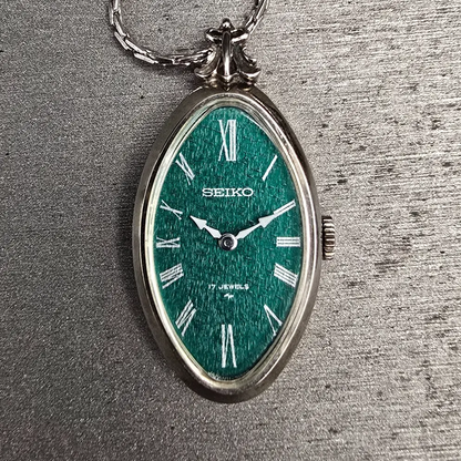 Seiko Necklace Watch Women 19mm Green Dial Silver Tone Oval 11-7990 Manual Wind0