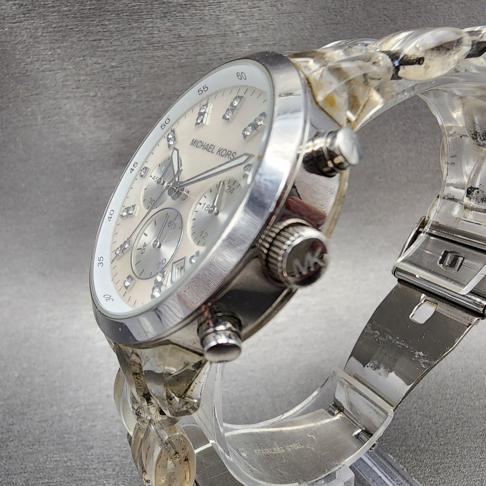 Michael Kors Chronograph Watch Women 43mm MOP Dial Clear Case MK5235 New Battery2