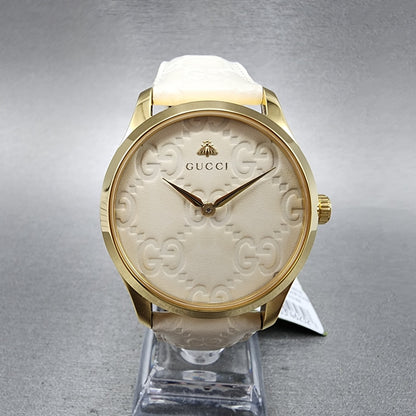 Gucci G-Timeless Watch Women 38mm White Dial Gold Tone Round Leather YA1264033