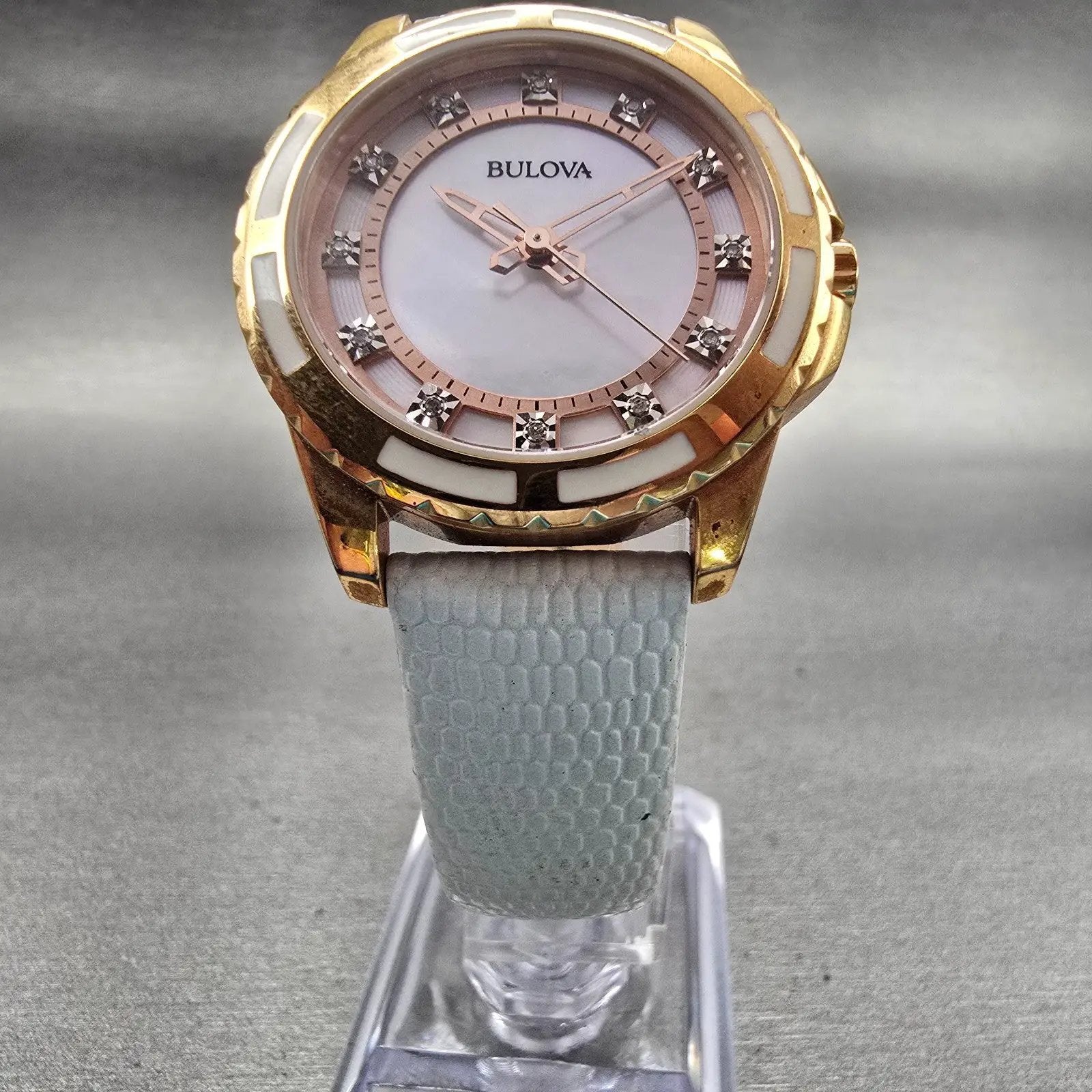 Bulova Watch Women 32mm MOP Dial Two Tone Diamonds Round 98P119 New Battery5