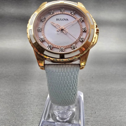 Bulova Watch Women 32mm MOP Dial Two Tone Diamonds Round 98P119 New Battery5