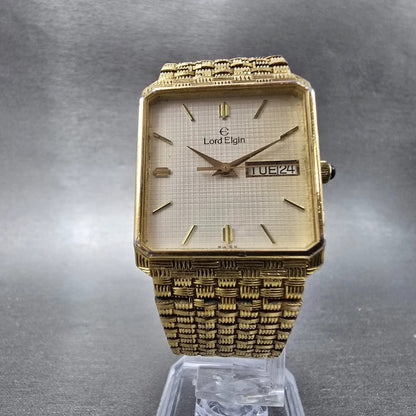 Lord Elgin Tank Watch Men 25mm Gray Dial Gold Daydate Rectangle READ!!! New Batt5