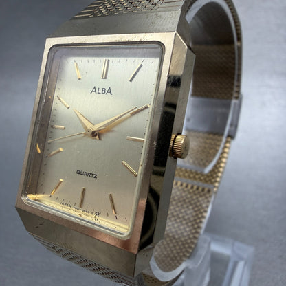 Seiko Alba Tank Watch Men 25mm Champagne Dial Gold Tone V801-5100 New Battery 5T2