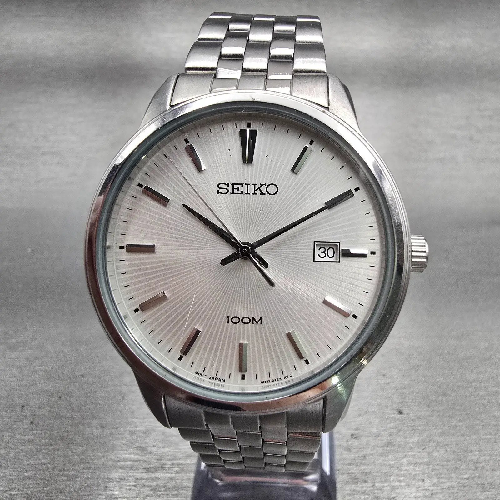 Seiko Watch Men 41mm Silver Dial Silver Tone Date Round 6N42-00G0 New Battery0