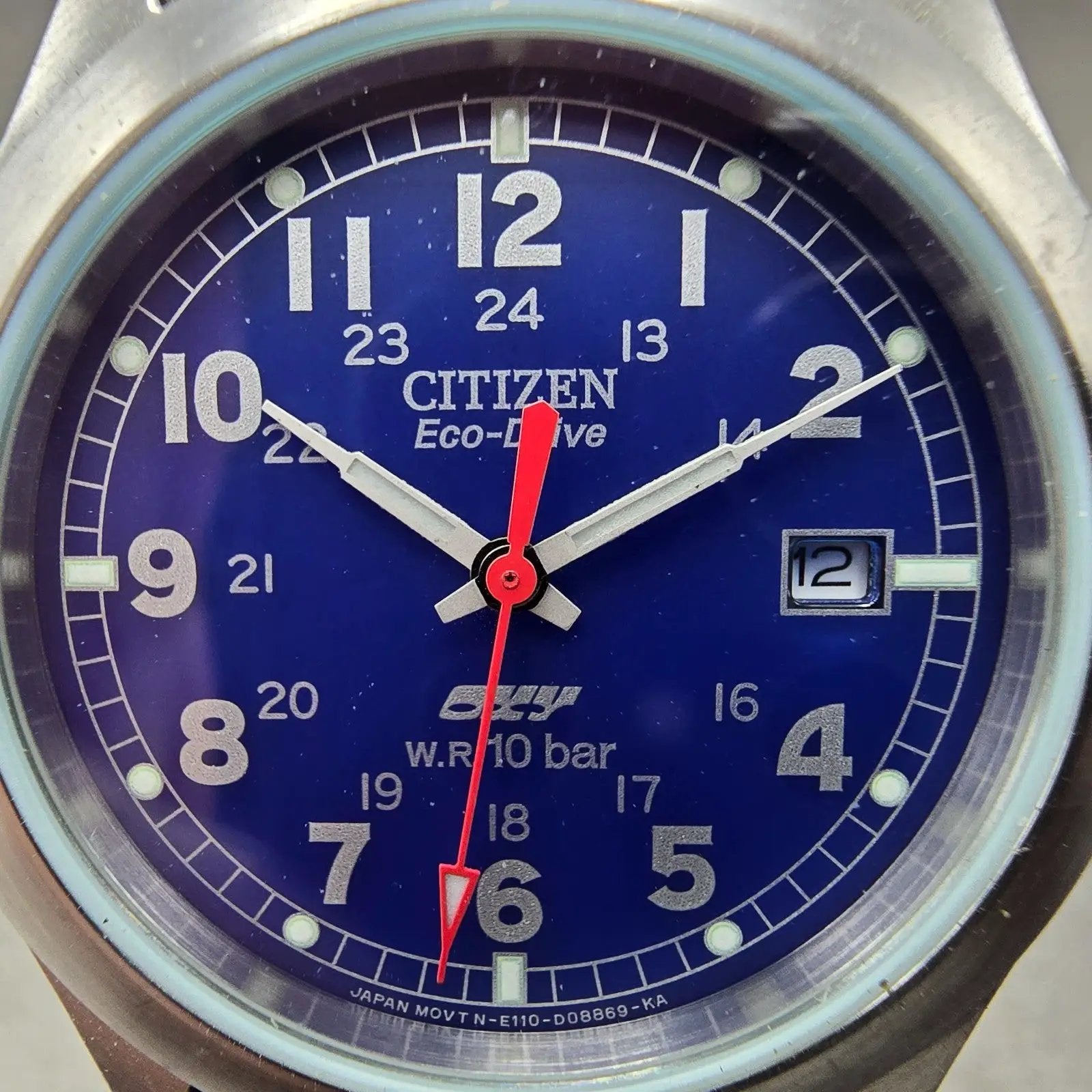 Citizen Eco-Drive Oxy Watch Men 36mm Blue Dial Silver Tone Date E110-S92685 Runs1