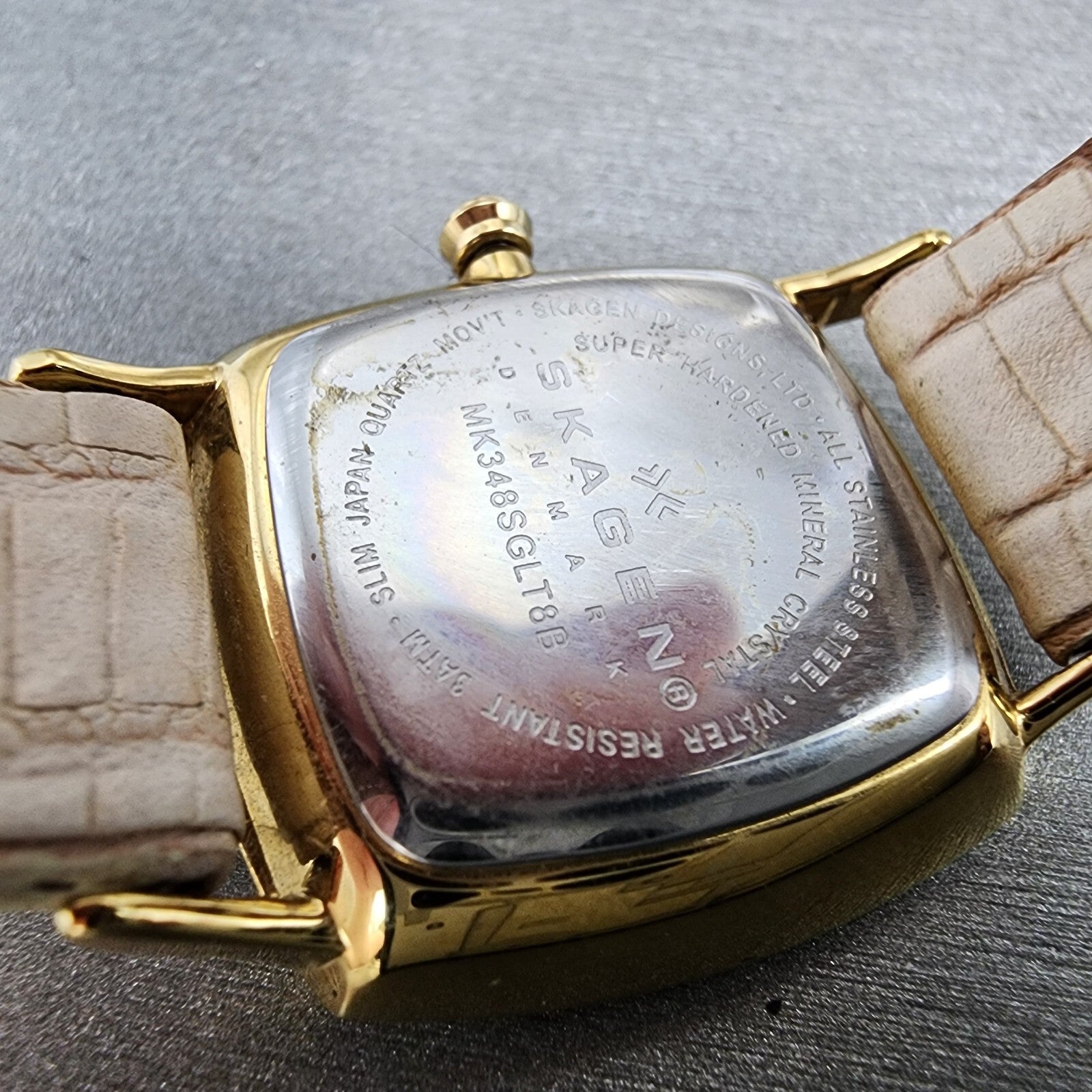 Skagen Watch Women 28mm MOP Dial Gold Tone Crystal Bezel Square New Battery9