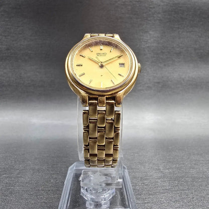 Seiko Watch Women 24mm Gold Dial Gold Tone Date Round 7N82-0071 New Battery5