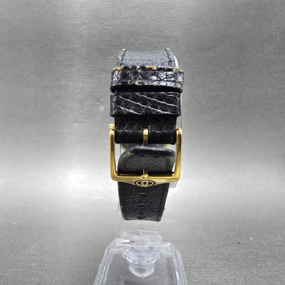 Gucci 2000M Watch Men 30mm Black Dial Gold Plated Leather Round New Battery VTG7