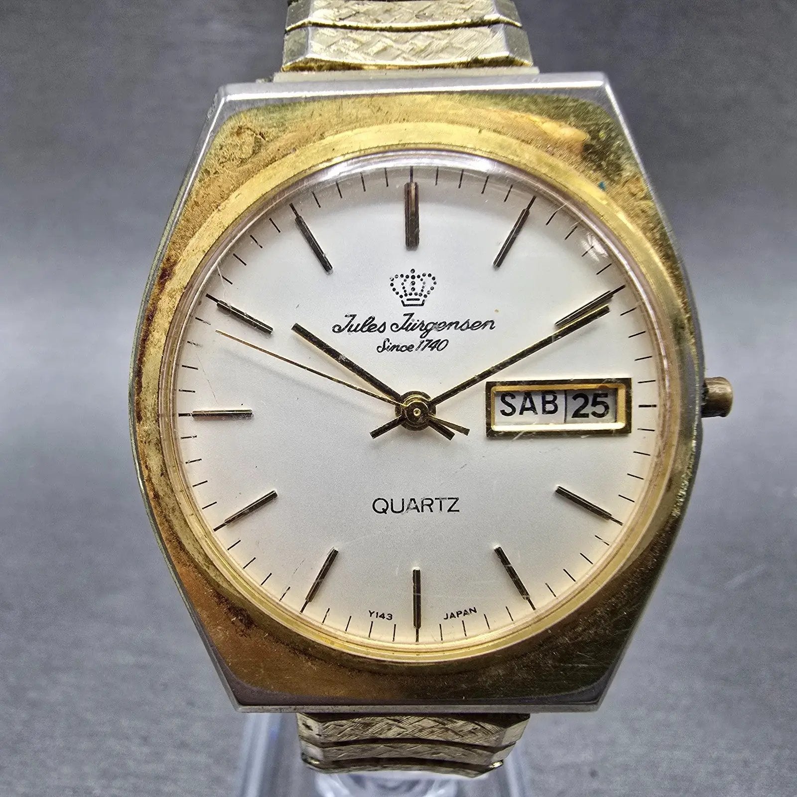 Jules Jurgensen Watch Men 34mm White Dial Gold Tone Daydate Round 4535 New Batt0