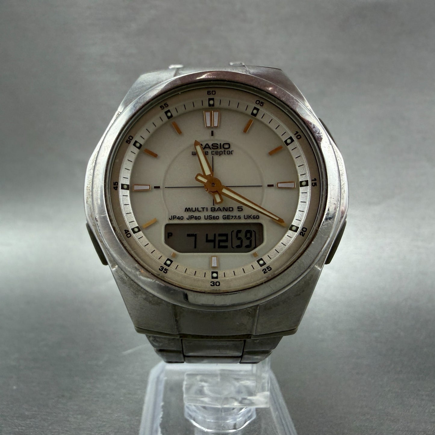 Casio Wave Ceptor Solar Watch Men 41mm White Dial Analog Digital Steel Runs LKH5