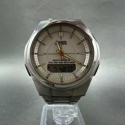 Casio Wave Ceptor Solar Watch Men 41mm White Dial Analog Digital Steel Runs LKH5